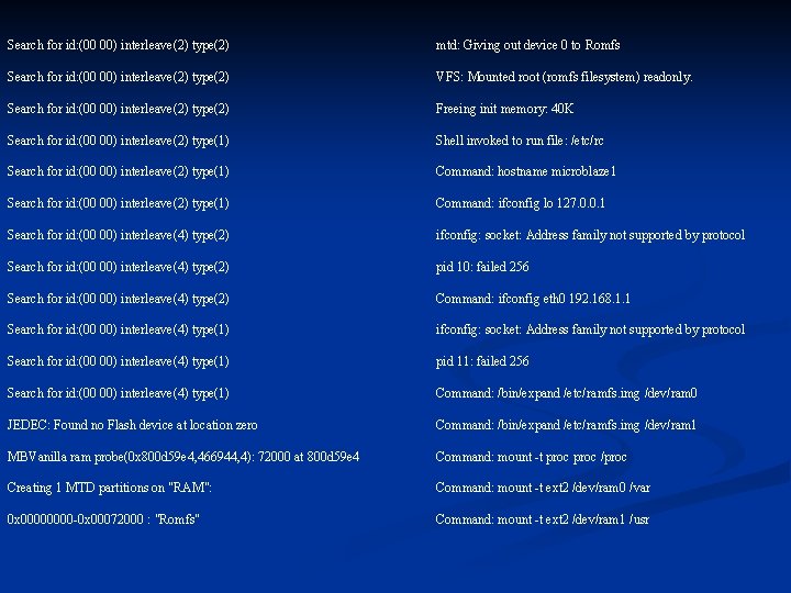 Search for id: (00 00) interleave(2) type(2) mtd: Giving out device 0 to Romfs Search for id: (00 00) interleave(2) type(2) mtd: Giving out device 0 to Romfs