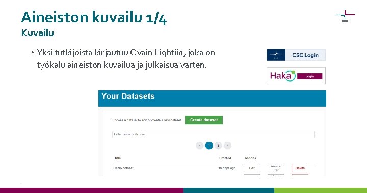 Aineiston kuvailu 1/4 Kuvailu • Yksi tutkijoista kirjautuu Qvain Lightiin, joka on työkalu aineiston