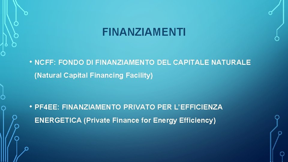 FINANZIAMENTI • NCFF: FONDO DI FINANZIAMENTO DEL CAPITALE NATURALE (Natural Capital Financing Facility) •