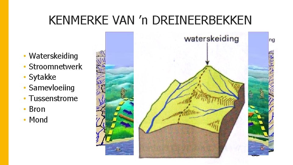 KENMERKE VAN ’n DREINEERBEKKEN • • Waterskeiding Stroomnetwerk Sytakke Samevloeiing Tussenstrome Bron Mond 