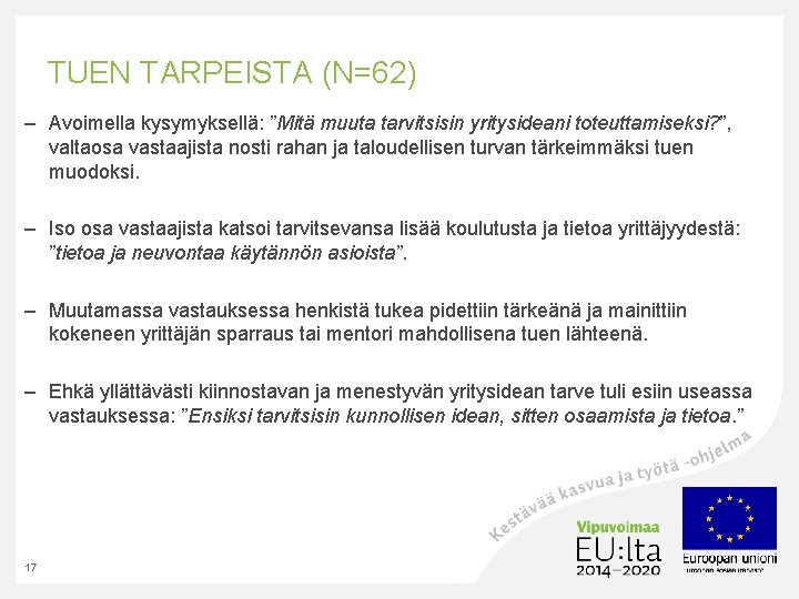 TUEN TARPEISTA (N=62) – Avoimella kysymyksellä: ”Mitä muuta tarvitsisin yritysideani toteuttamiseksi? ”, valtaosa vastaajista