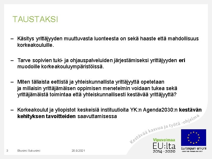 TAUSTAKSI – Käsitys yrittäjyyden muuttuvasta luonteesta on sekä haaste että mahdollisuus korkeakouluille. – Tarve