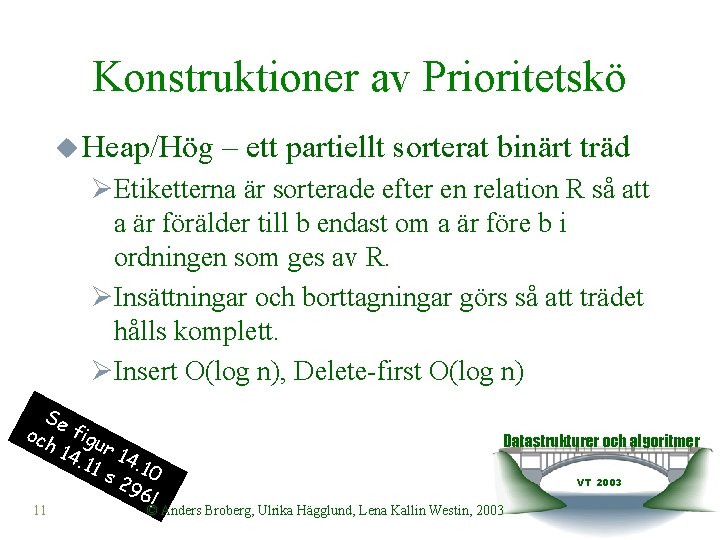 Konstruktioner av Prioritetskö u Heap/Hög – ett partiellt sorterat binärt träd ØEtiketterna är sorterade