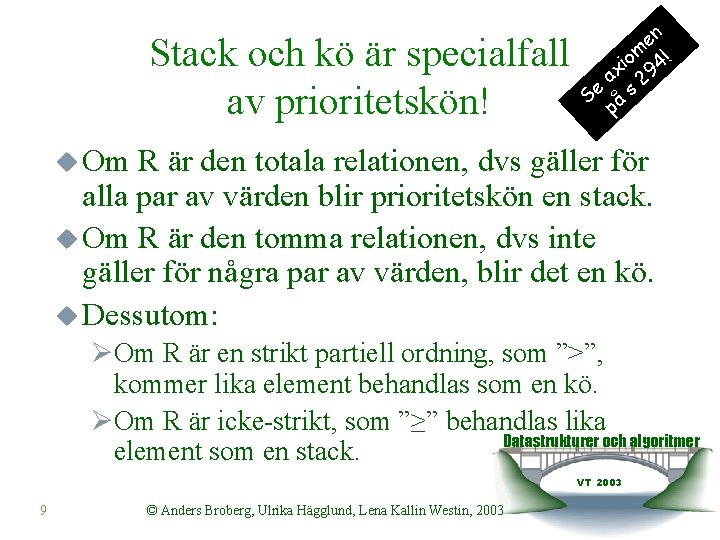 Stack och kö är specialfall av prioritetskön! en om 4! i ax 29 Se