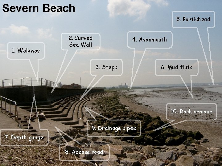 Severn Beach 5. Portishead 1. Walkway 2. Curved Sea Wall 4. Avonmouth 3. Steps