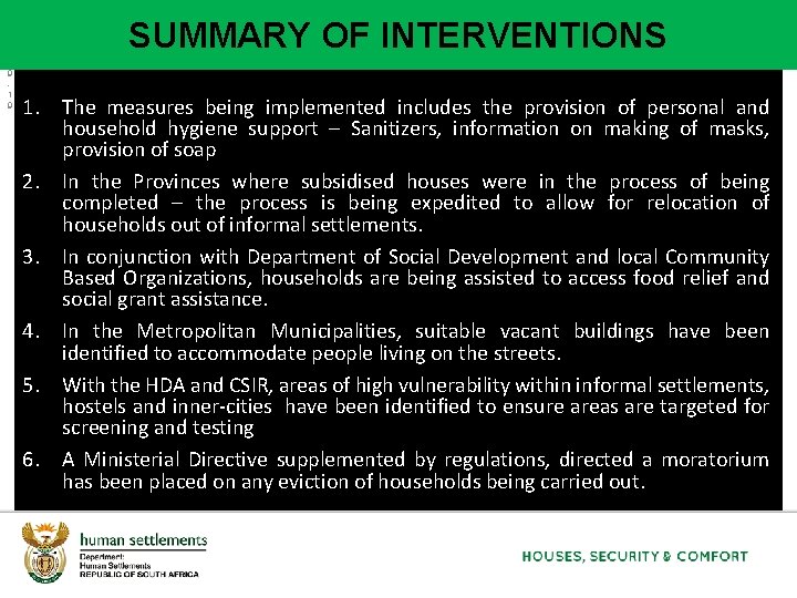 2 0 2 1 0 9 1 9 SUMMARY OF INTERVENTIONS 1. The measures