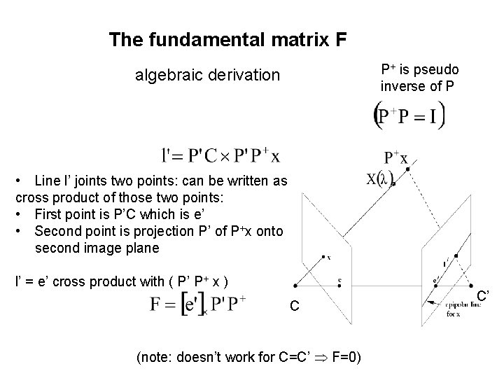 The fundamental matrix F P+ is pseudo inverse of P algebraic derivation • Line