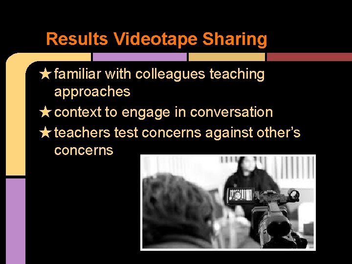 Results Videotape Sharing ★ familiar with colleagues teaching approaches ★ context to engage in