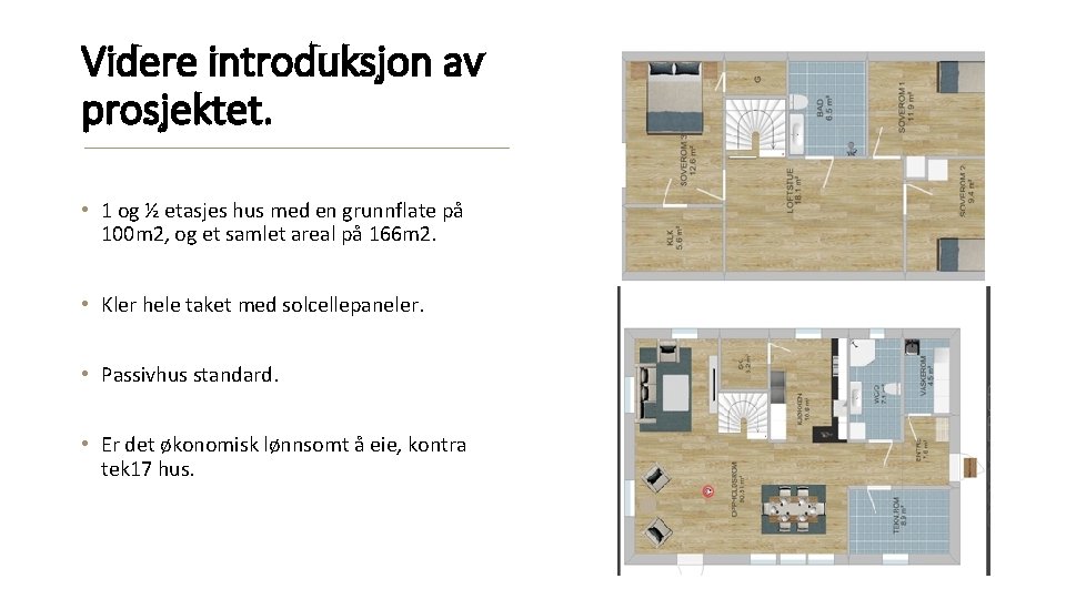 Videre introduksjon av prosjektet. • 1 og ½ etasjes hus med en grunnflate på