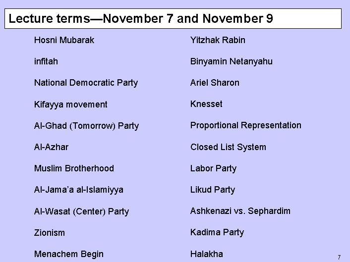 Lecture terms—November 7 and November 9 Hosni Mubarak Yitzhak Rabin infitah Binyamin Netanyahu National