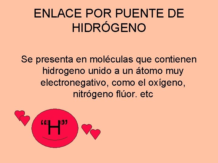 ENLACE POR PUENTE DE HIDRÓGENO Se presenta en moléculas que contienen hidrogeno unido a