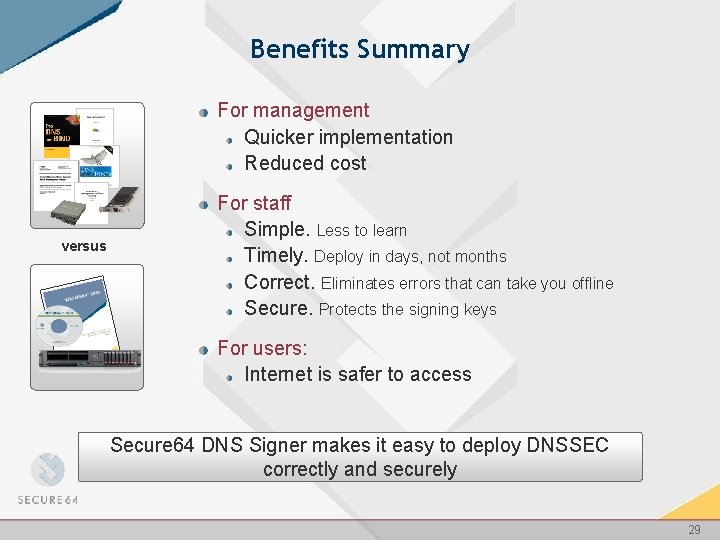 Benefits Summary For management Quicker implementation Reduced cost versus For staff Simple. Less to
