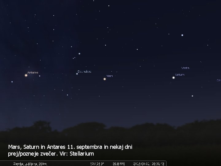 Mars, Saturn in Antares 11. septembra in nekaj dni prej/pozneje zvečer. Vir: Stellarium 