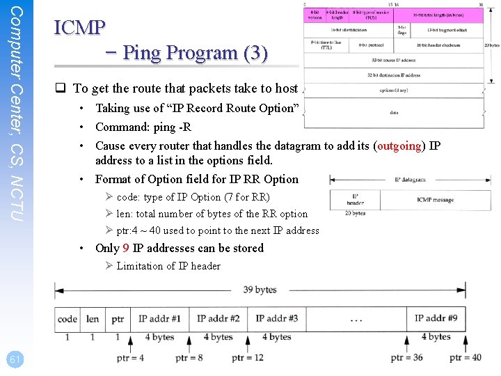 Computer Center, CS, NCTU ICMP – Ping Program (3) q To get the route