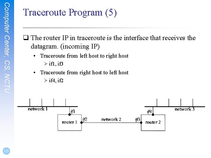 Computer Center, CS, NCTU 68 Traceroute Program (5) q The router IP in traceroute