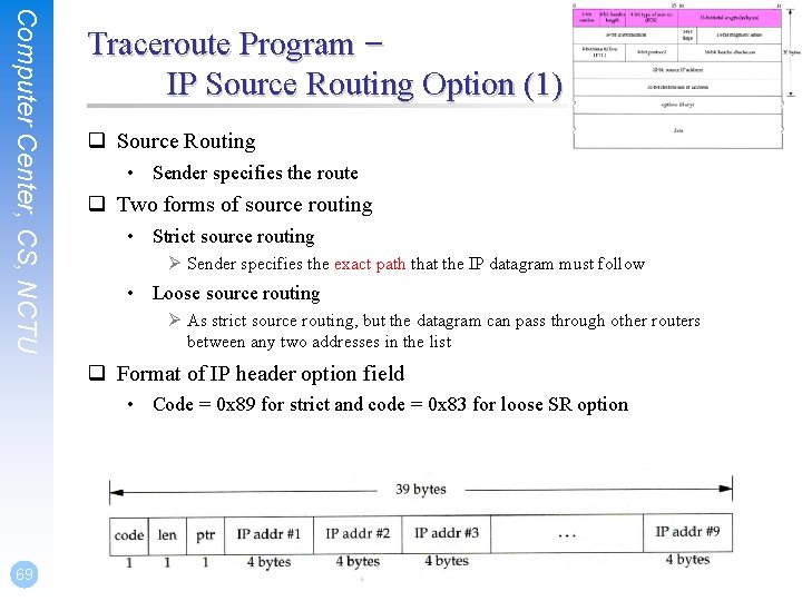 Computer Center, CS, NCTU Traceroute Program – IP Source Routing Option (1) q Source