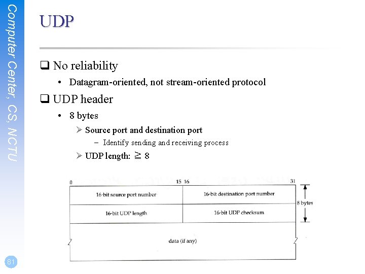 Computer Center, CS, NCTU 81 UDP q No reliability • Datagram-oriented, not stream-oriented protocol