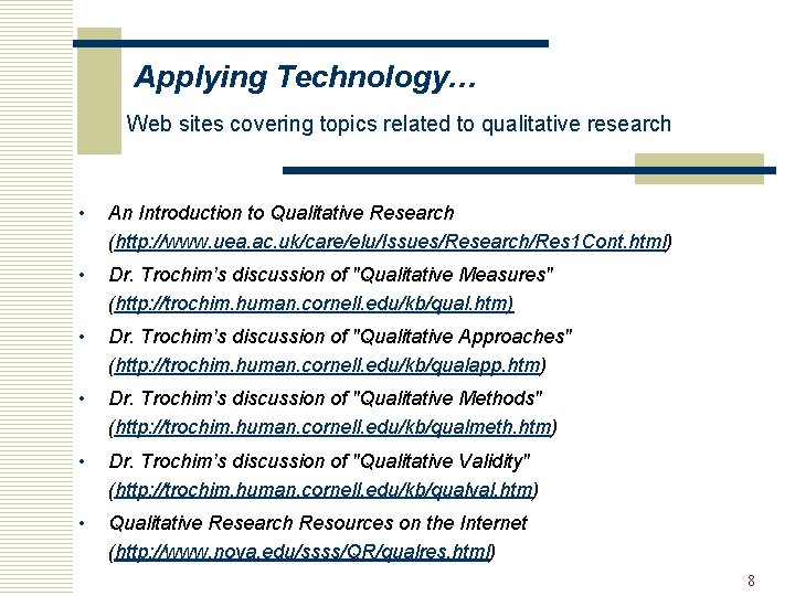 Applying Technology… Web sites covering topics related to qualitative research • An Introduction to