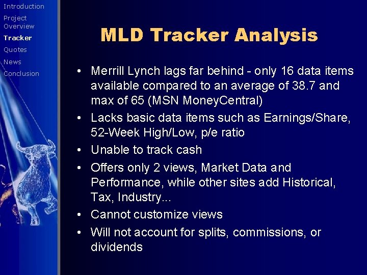 Introduction Project Overview Tracker Quotes News Conclusion MLD Tracker Analysis • Merrill Lynch lags