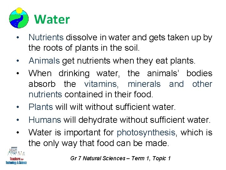 Water • • • Nutrients dissolve in water and gets taken up by the