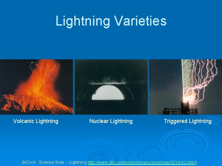 Lightning Varieties Volcanic Lightning Nuclear Lightning Triggered Lightning (NOVA: Science Now – Lightning http: