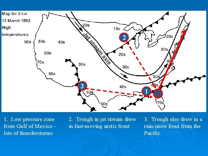 2 3 1. Low pressure zone from Gulf of Mexico – lots of thunderstorms