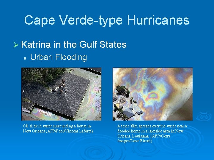 Cape Verde-type Hurricanes Ø Katrina in the Gulf States l Urban Flooding Oil slick