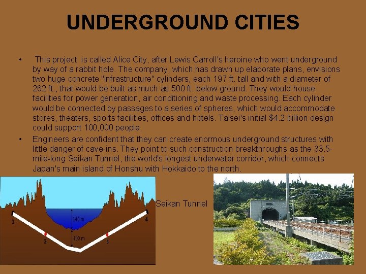 UNDERGROUND CITIES • • This project is called Alice City, after Lewis Carroll's heroine