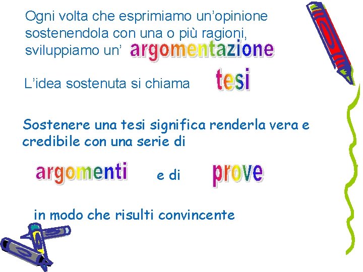 Ogni volta che esprimiamo un’opinione sostenendola con una o più ragioni, sviluppiamo un’ L’idea