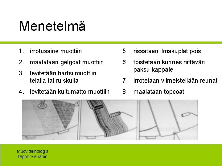 Menetelmä 1. irrotusaine muottiin 5. rissataan ilmakuplat pois 2. maalataan gelgoat muottiin 6. toistetaan