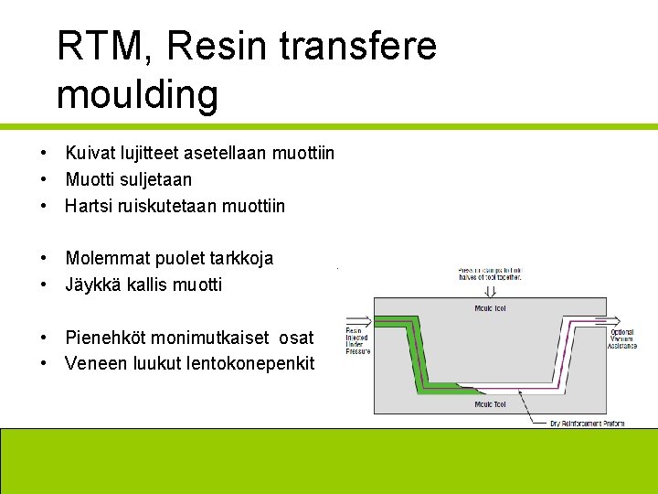 RTM, Resin transfere moulding • Kuivat lujitteet asetellaan muottiin • Muotti suljetaan • Hartsi