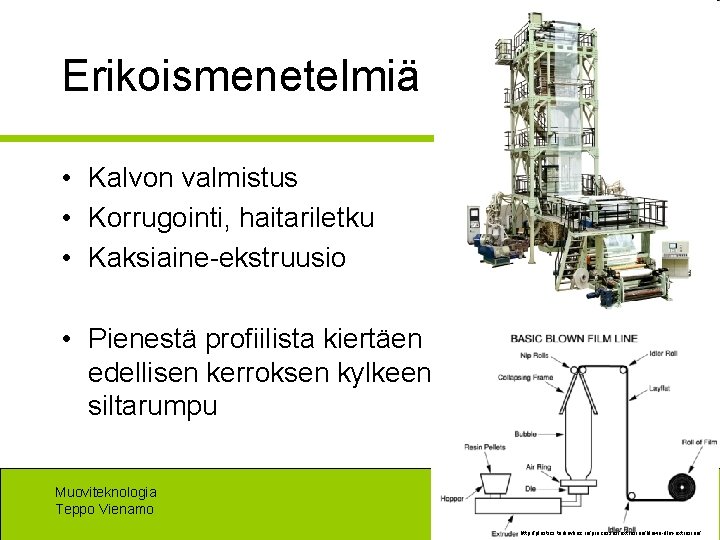 Erikoismenetelmiä • Kalvon valmistus • Korrugointi, haitariletku • Kaksiaine-ekstruusio • Pienestä profiilista kiertäen edellisen
