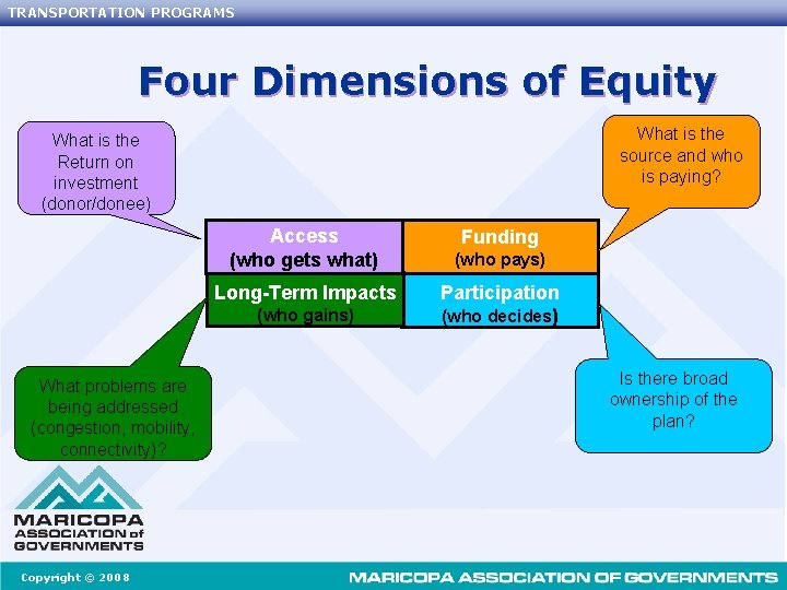 TRANSPORTATION PROGRAMS Four Dimensions of Equity What is the source and who is paying?