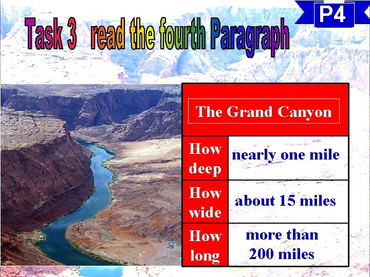 P 4 The Grand Canyon How nearly one mile deep How about 15 miles