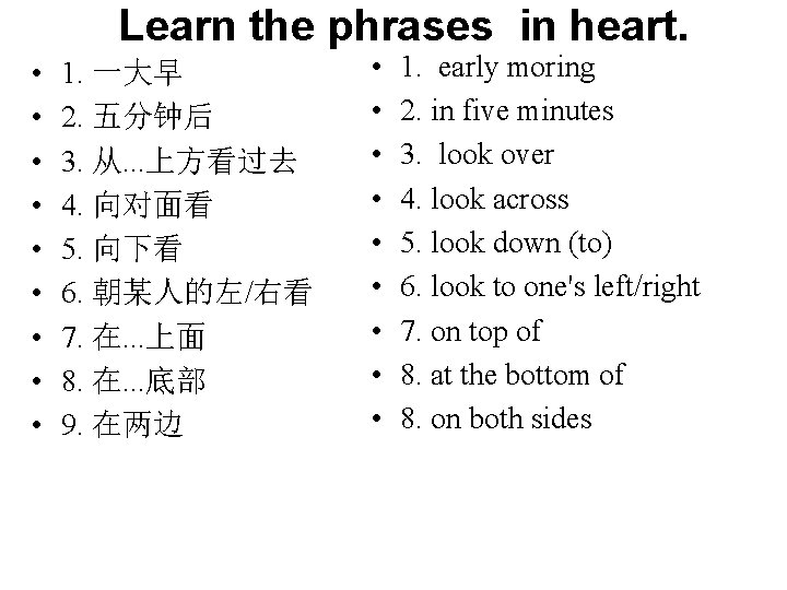 Learn the phrases in heart. • • • 1. 一大早 2. 五分钟后 3. 从.