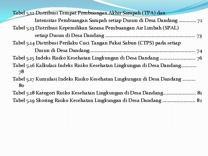 Tabel 5. 12 Distribusi Tempat Pembuangan Akhir Sampah (TPA) dan Intensitas Pembuangan Sampah setiap