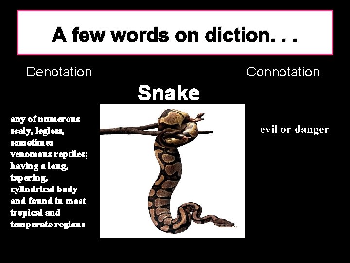 A few words on diction. . . Denotation Connotation Snake any of numerous scaly,