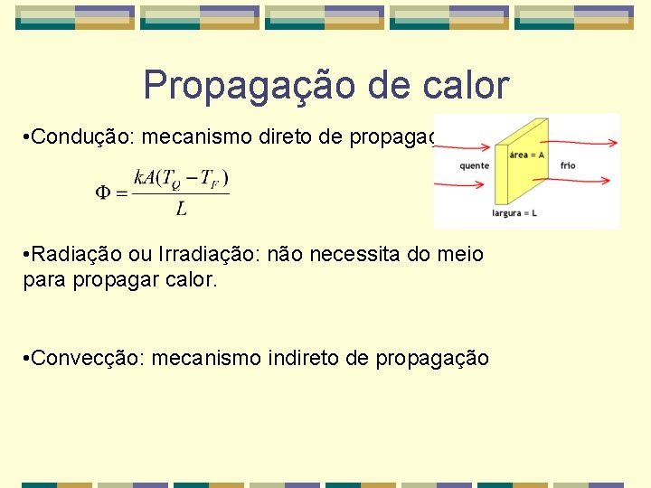 Propagação de calor • Condução: mecanismo direto de propagação. • Radiação ou Irradiação: não