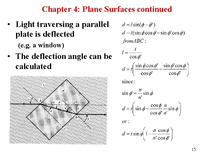 Chapter 4: Plane Surfaces continued • Light traversing a parallel plate is deflected (e.