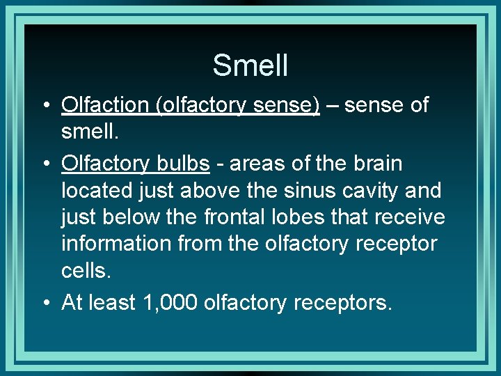 Smell • Olfaction (olfactory sense) – sense of smell. • Olfactory bulbs - areas