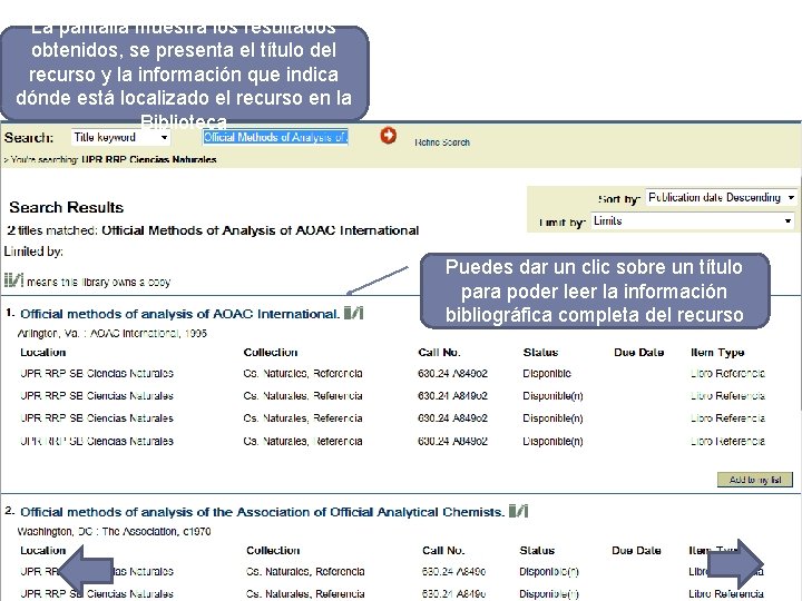 La pantalla muestra los resultados obtenidos, se presenta el título del recurso y la