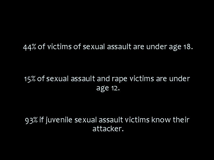 44% of victims of sexual assault are under age 18. 15% of sexual assault