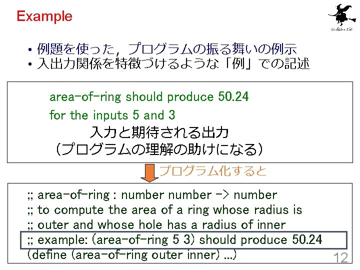 Example • 例題を使った，プログラムの振る舞いの例示 • 入出力関係を特徴づけるような「例」での記述 area-of-ring should produce 50. 24 for the inputs 5