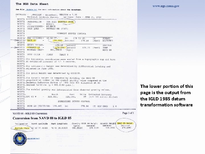 The lower portion of this page is the output from the IGLD 1985 datum