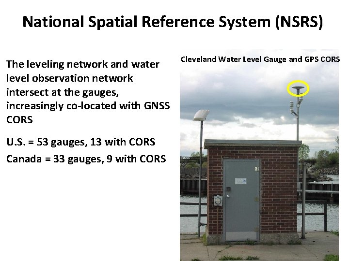 National Spatial Reference System (NSRS) The leveling network and water level observation network intersect