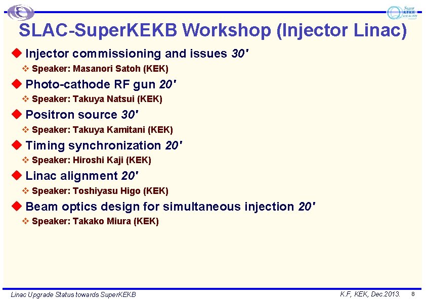 SLAC-Super. KEKB Workshop (Injector Linac) u Injector commissioning and issues 30' v Speaker: Masanori