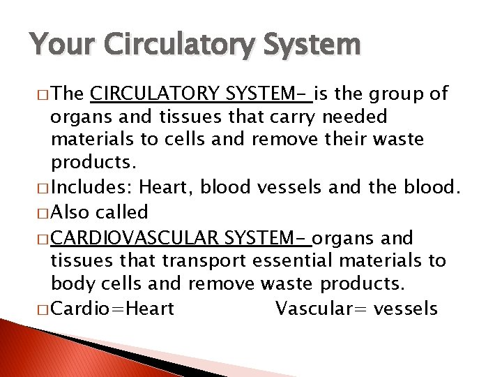 Your Circulatory System � The CIRCULATORY SYSTEM- is the group of organs and tissues