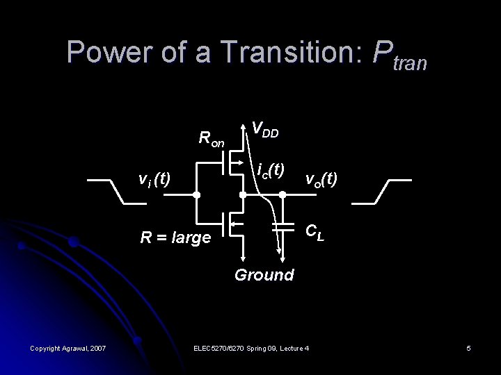 Power of a Transition: Ptran Ron VDD ic(t) vi (t) vo(t) CL R =