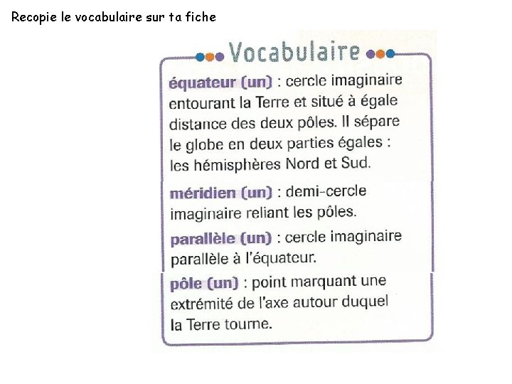 Recopie le vocabulaire sur ta fiche 