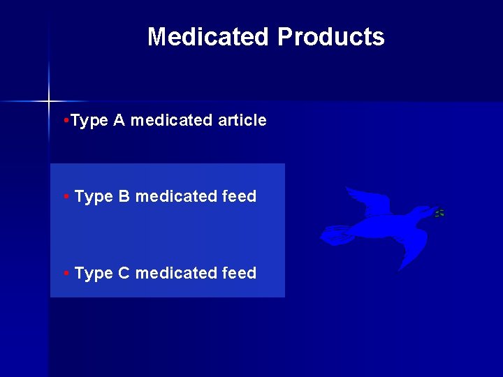 Medicated Products • Type A medicated article • Type B medicated feed • Type